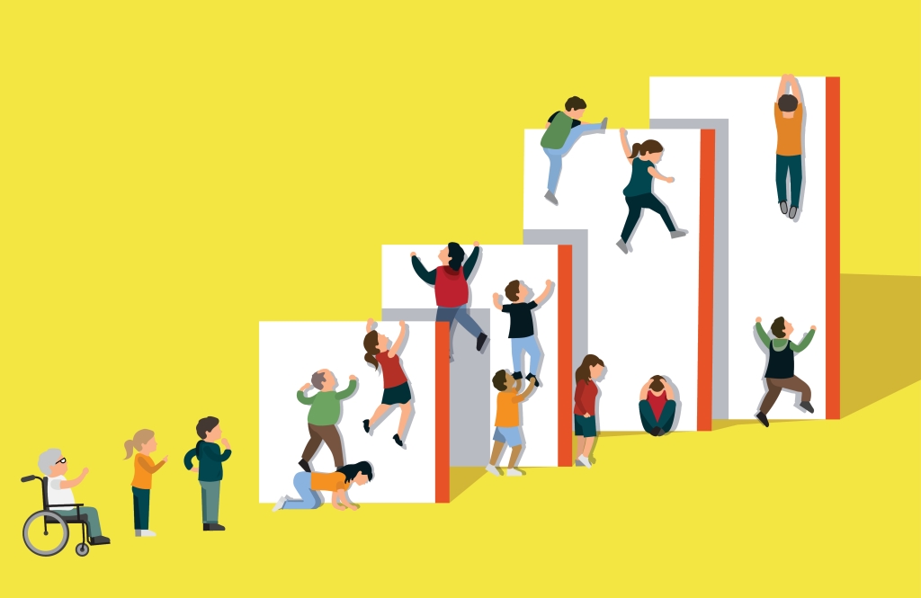 Animated picture of people trying to climb a number of forever growing obstacles. Some are successful on their own, some are needing help from others. Some are giving up. The person in the wheelchair can't really do anything but watch.