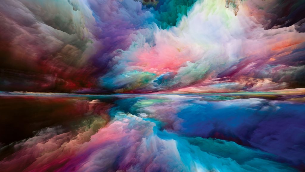 beautiful painting of the water and clouds. the clouds are reflected in the water. the colouds are multicolour.