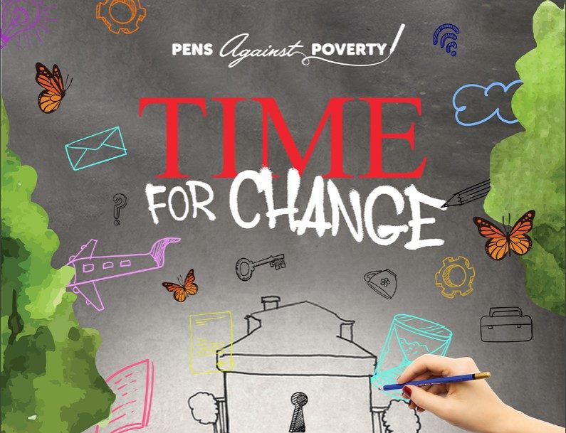 Pens against Poverty illustration showing a person drawing and the words 'Time for change'