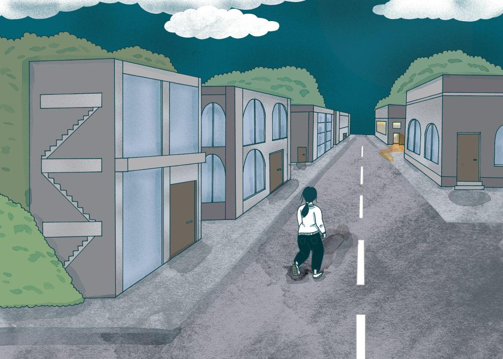 Illustration of a young person walking along a deserted street alone.