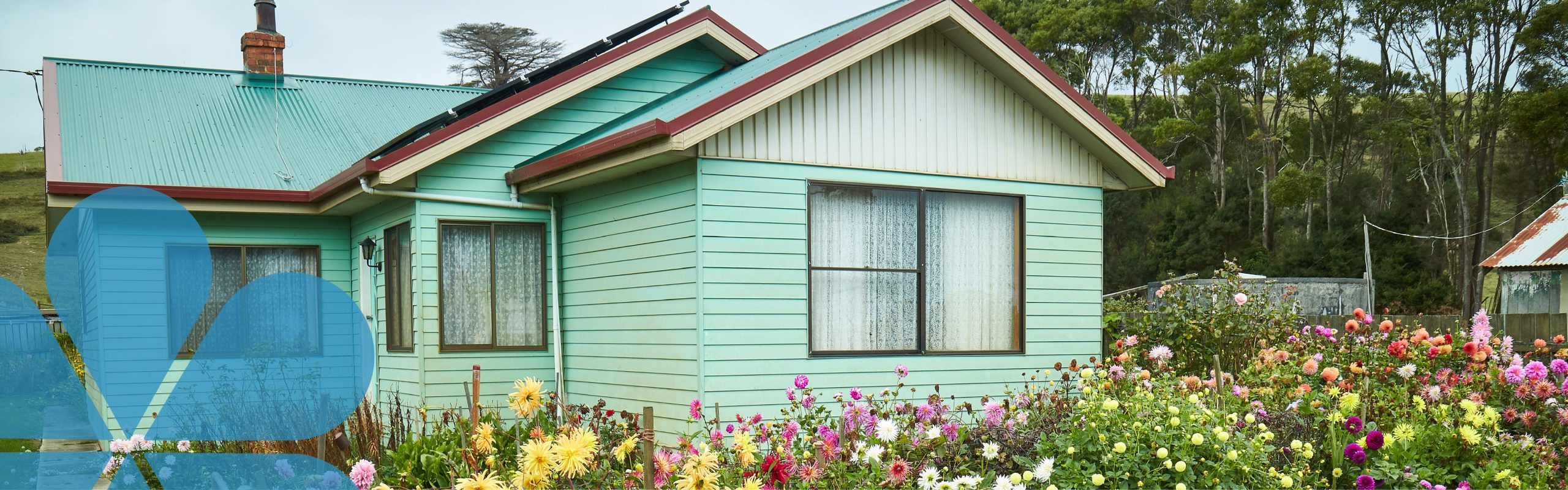 Green weatherboard house with a beautiful flower garden across the front lawn.