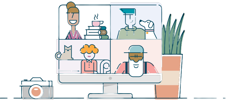 Illustration of a monitor showing four people on a online zoom catchup.