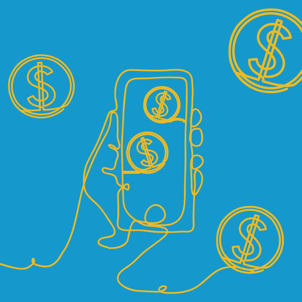 Illustration of a hand holding a phone with dollar signs on it