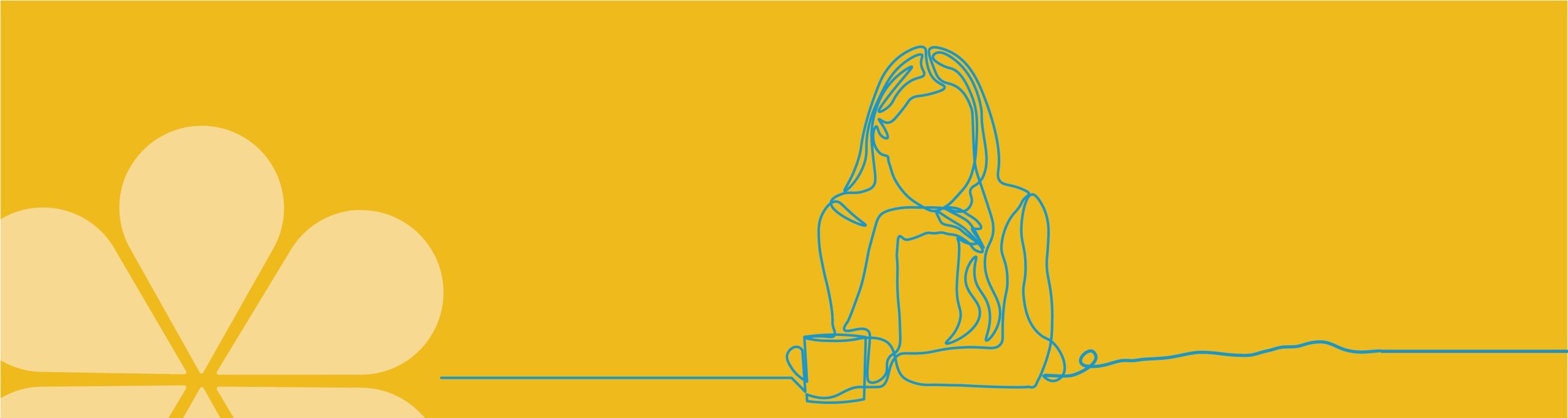 Illustration of a lady sitting with a coffee thinking