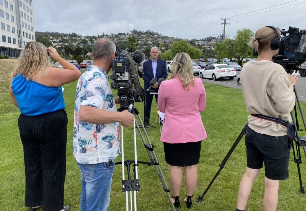 Noel Mundy speaking to media for the Fair Funding Campaign