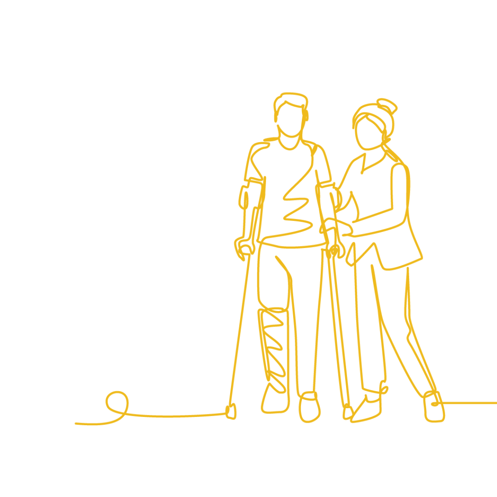 Illustration of someone walking with a supporting someone as they walk with crutches and a splint on their leg, inducating support of another.