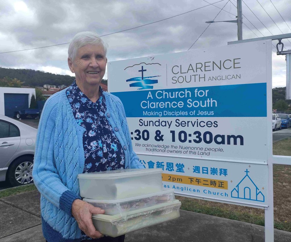Dawn, a 'Biscuit lady' from Clarence South Anglican Church, is delivering containers full of bake goods for the residents at the Youth Shelter in Hobart.