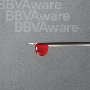 the end of a needle with a droplet of blood at the end.  The words BBV Aware.