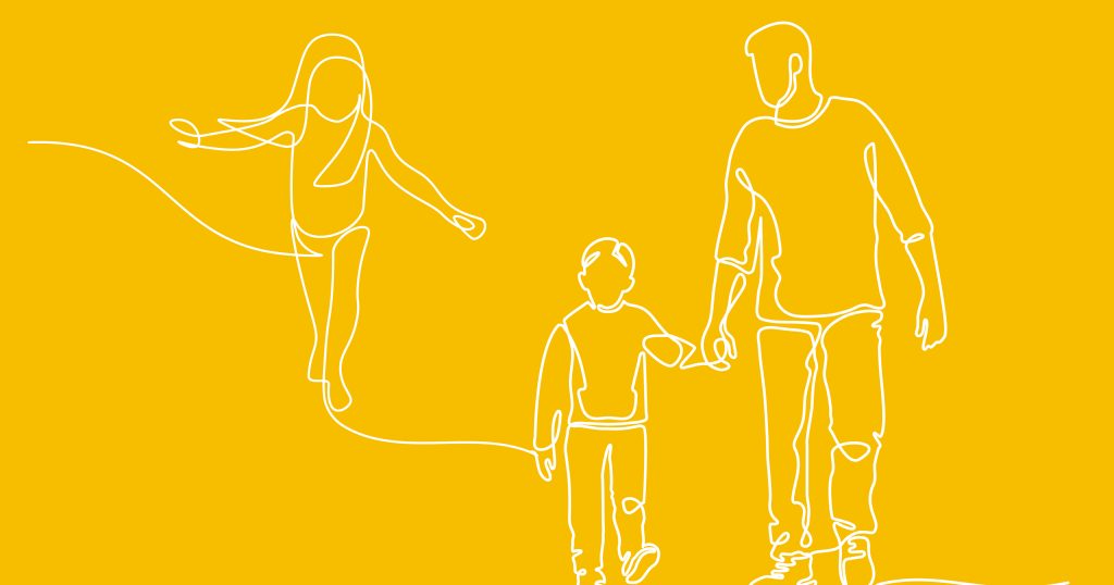 an illustration of a man and son walking holding hands and a young girl walking behind them like she is walking along the top of a wall or fence with her arms held out.