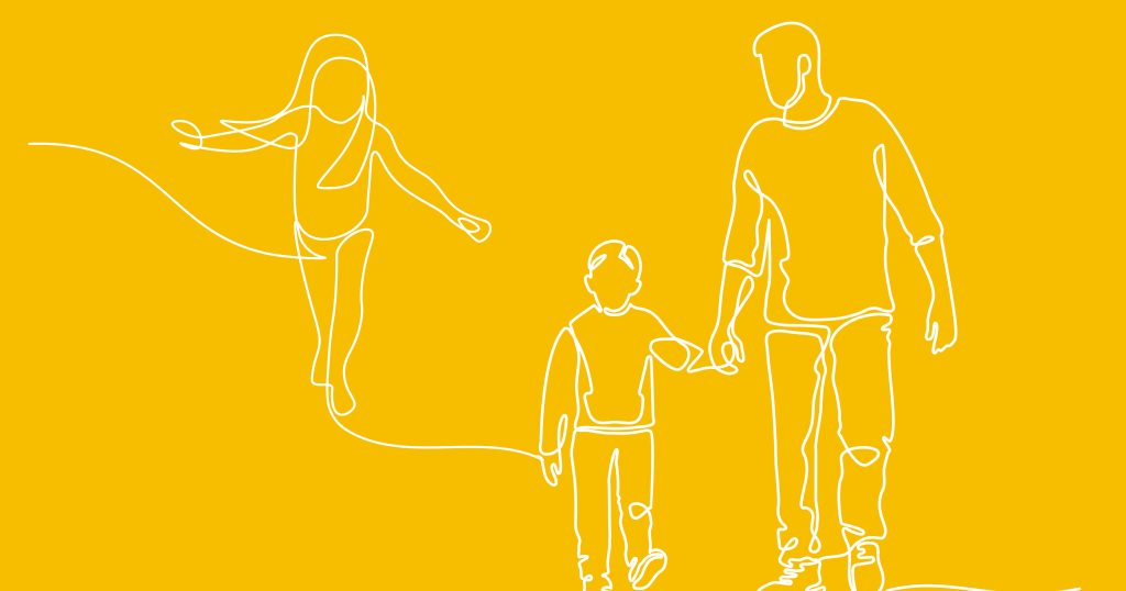 an illustration of a man and son walking holding hands and a young girl walking behind them like she is walking along the top of a wall or fence with her arms held out.