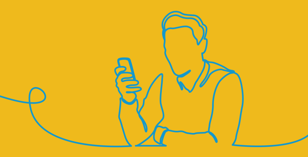 Illustration of a person sitting and looking at their mobile phone.