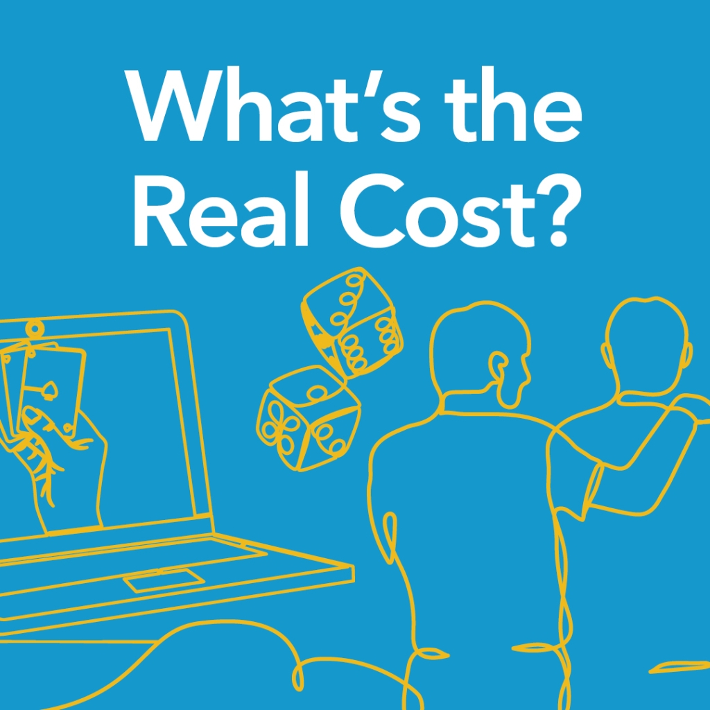 An illustration with the words 'What's the Real Cost?' and an illustration of a laptop with a hand holding a deck of cards.