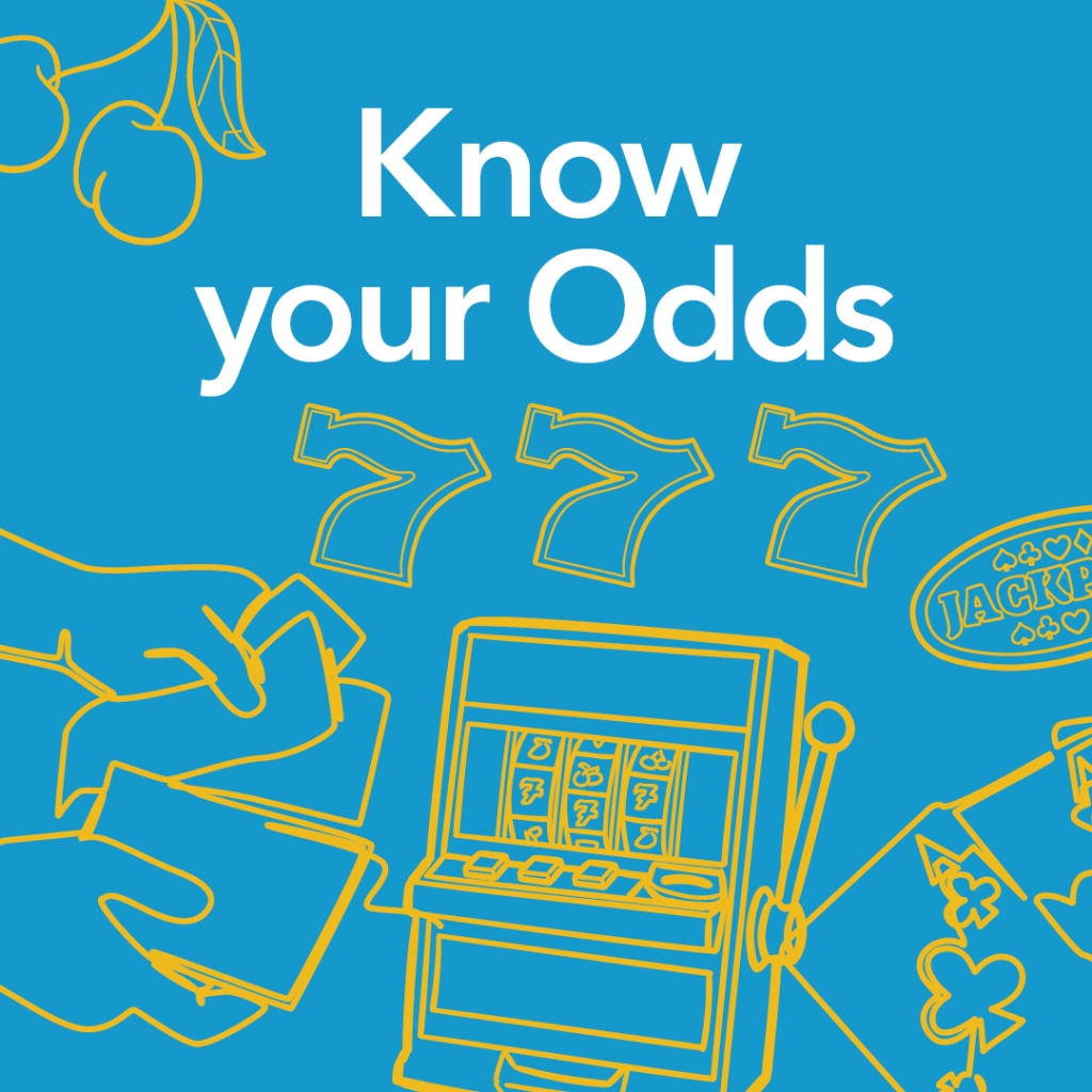 Illustration with the words 'Know your Odds' and pictures of various poker machine related images such as a poker machine, three sevens, a hand holding cash and some cards.