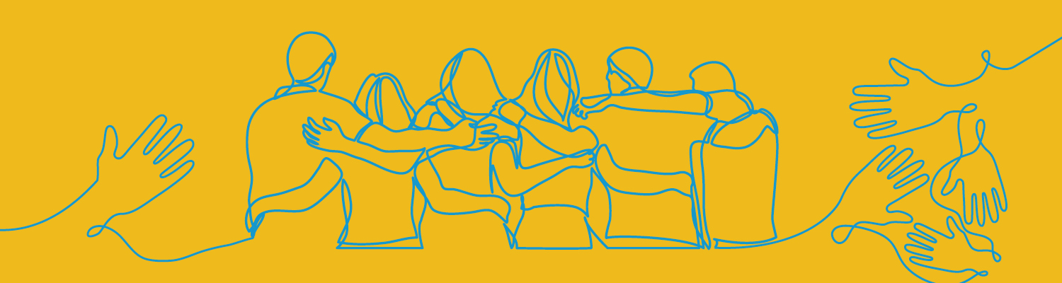 illustration of people sitting along a bench with their backs to you. They all have their arms resting on each others shoulders showing support of their friends, family and community.
