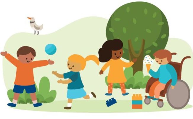 Illustration of a group of children playing in the park
