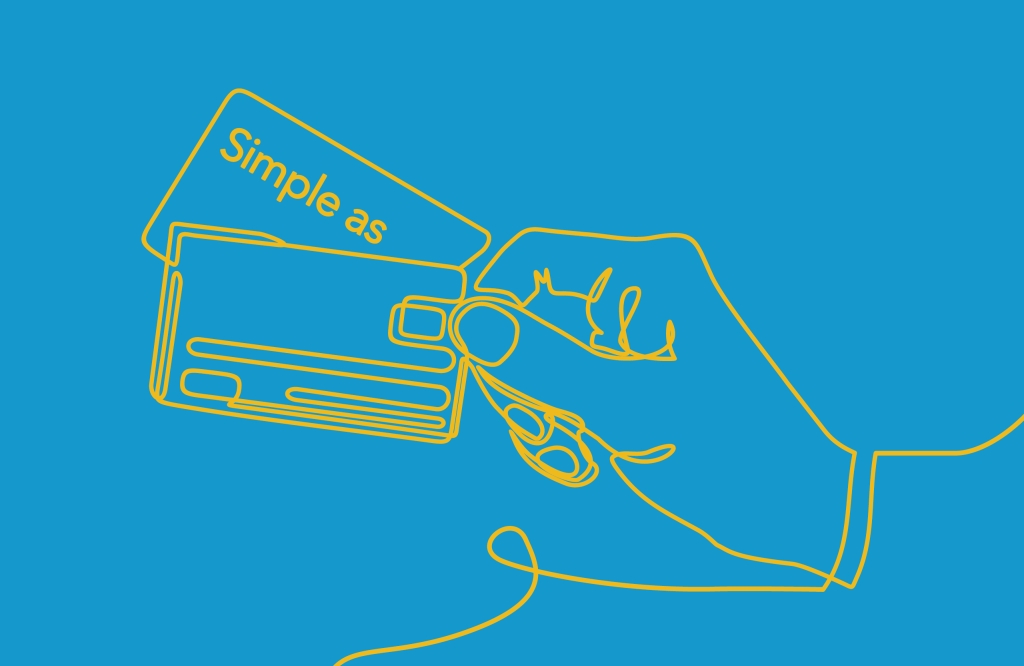 Illustration of a hand holding a card with the words Simple as written on it.