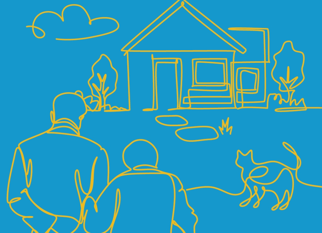 Illustration of a couple walking towards a house with a cat walking nearby.