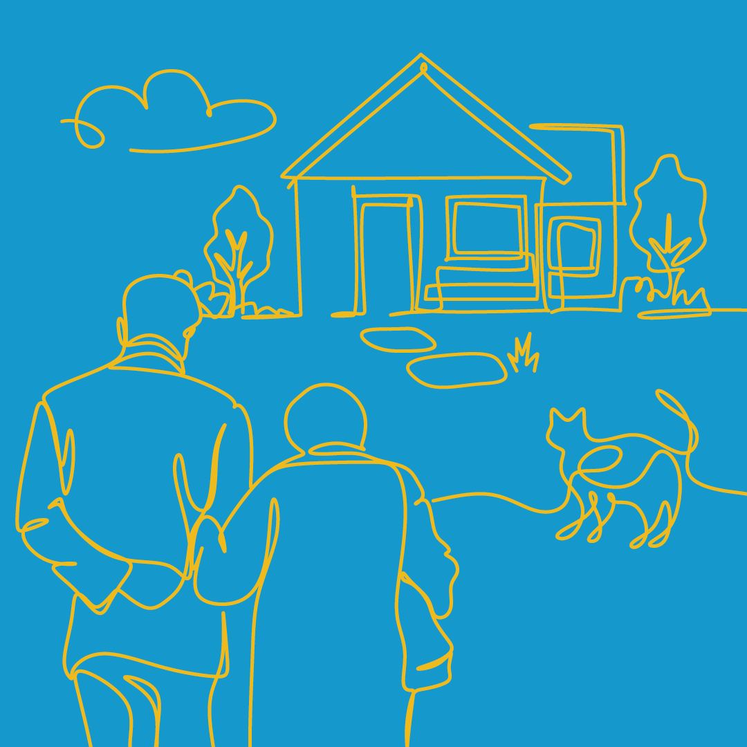 Drawing of a couple walking towards their home being welcomed by their cat.