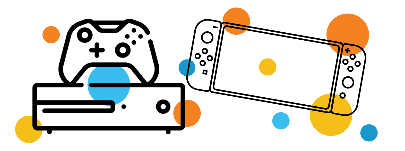 Pictured: video game consoles with circles of various shapes and sizes behind them.