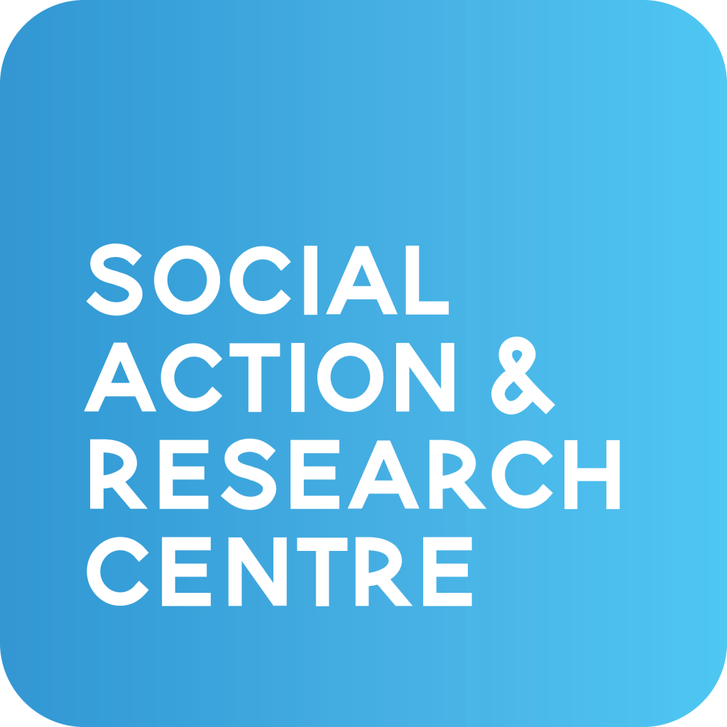 Blue box with the capitlaised words social action and research centre in white.