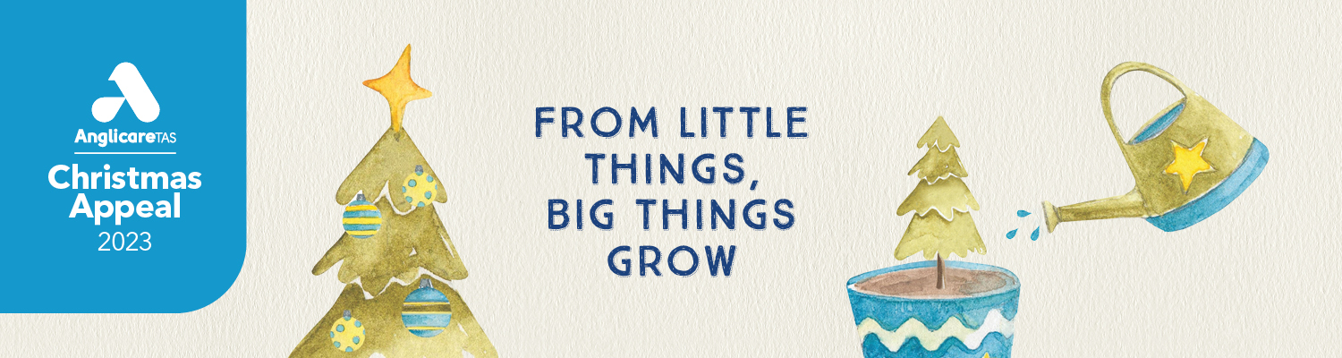 Christmas appeal 2023 illustration which says 'From little things, big things grow'. There is a picture of a watering can watering a christmas tree in a pot. Then a pciture of a fully grown christmas tree with decorations.