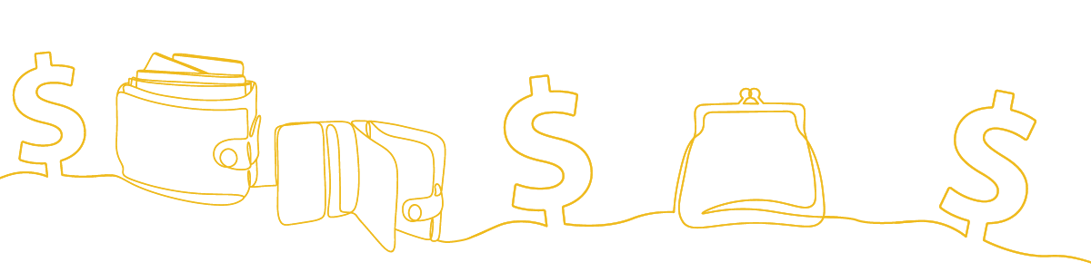 Illustration of a wallet, a purse and dollar sign to indicate money