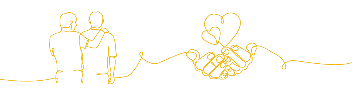 an illustration of someone being supported and cared for. Also an illustration of some hands holding a heart, indicating kindnes.